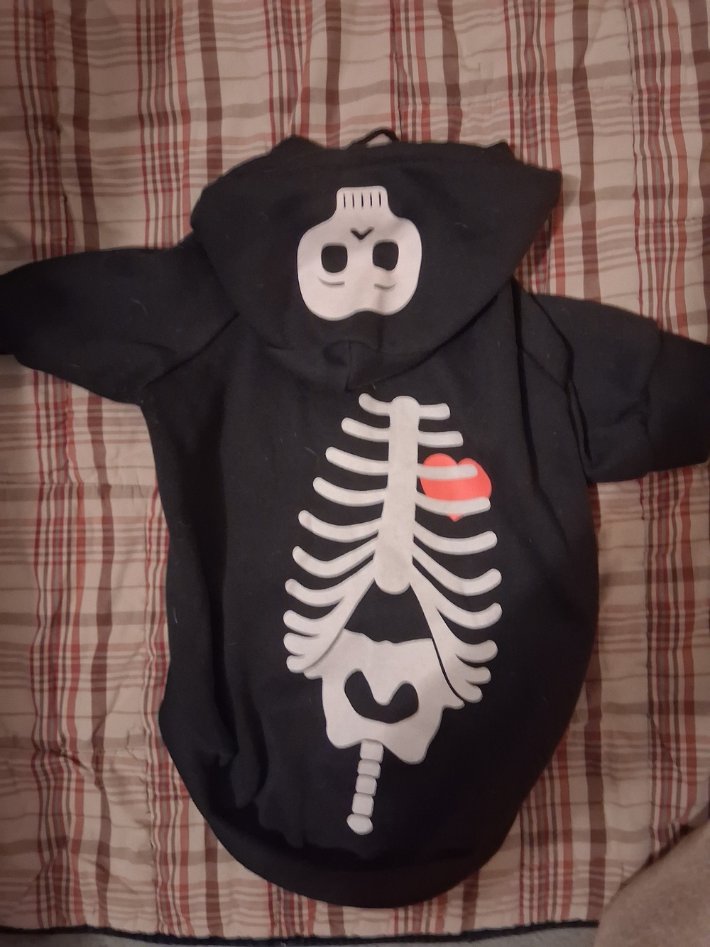 Bark Black Dog Hoodie with White Skeleton and Red Heart